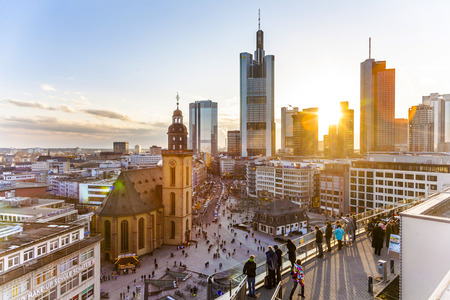 FRANKFURT, GERMANY - FEB 21, 2010: view to Hauptwache with Kathrin Church in sunset with skyscraper in Frankfurt, Germany.のeditorial素材