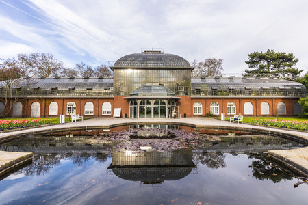 FRANKFURT, GERMANY - APR 15, 2015: entrance building of the  palmengarten in Frankfurt, Germany. The Palmengarten is one of two botanical gardens in Frankfurt and the largest garden of its kind in Germany.のeditorial素材