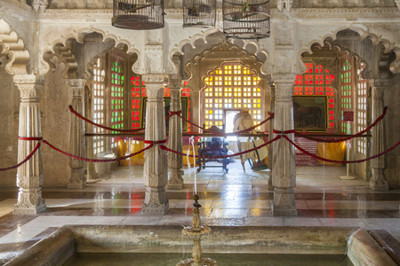 UDAIPUR, INDIA - OCT 21, 2012: inside the City Palace in Udaipur, India. The foundation of the fort was laid in 1559  by Udai Singh. The palace belongs to the Mewar Trust, the income is used for social projects.のeditorial素材