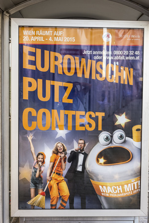 VIENNA, AUSTRIA - APR 27, 2015: viennas city cleaning advertisinguses the european song festival as ad for clean citiesin Vienna, Austria. Conchita Wurst was the winner in the last year.のeditorial素材