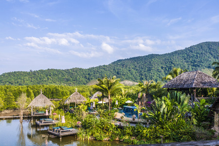 KOH CHANG, THAILAND - JAN 5, 2008: spa and hotel area in Koh Chang, Thailand. This SPA ressort is placed at an artifical lake and architecture is integrated in nature.のeditorial素材