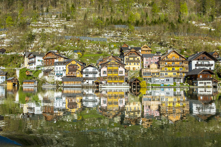 Hallstatt town with traditional wooden houses, Austria, Europeの写真素材