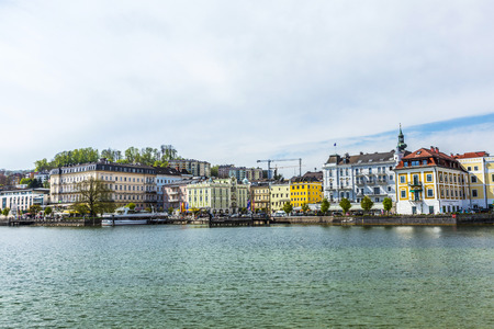 GMUNDEN, AUSTRIA - APR 22, 2015: skyline of the village Gmunden, Austria. Gmunden at the Traunsee  covers an area of 63.49 skm and has a median height of 425 m.のeditorial素材
