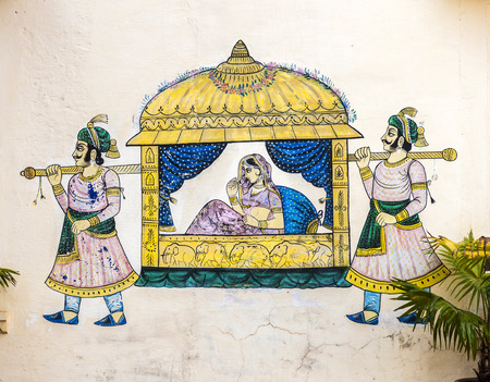 UDAIPUR, INDIA - OCT 21, 2012: famous wall paintings show princess in a sedan carried by guides in ancient times in Udaipur, India.のeditorial素材