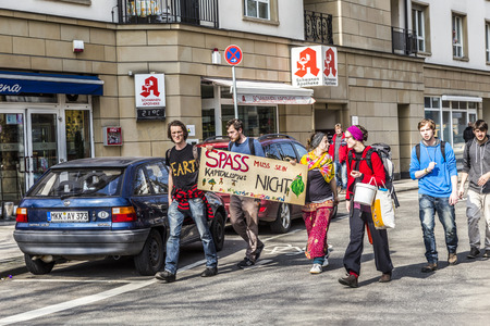 FRANKFURT, GERMANY - MAR 18, 2015: people demonstrate against EZB and Capitalism in Frankfurt, Germany. 30 tsd. people join the demo.のeditorial素材