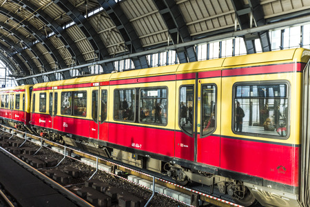 BERLIN, GERMANY - OCT 27, 2014: peope travel at Alexanderplatz subway station in Berlin, Germany. The station was built in 1882 by Johann Eduard Jacobsthal.のeditorial素材
