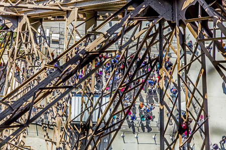 PARIS, FRANCE - JUNE 10, 2015: people wait for the lift at the southern tower of the Eiffel tower in Paris, France. Most people prefer the lift instead climbing by stairs.のeditorial素材