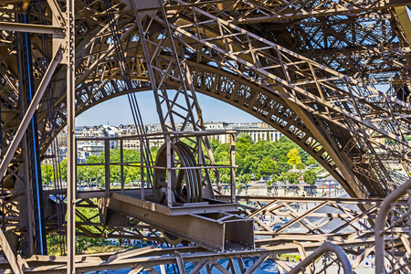 PARIS, FRANCE - JUNE 10, 2015: people wait for the lift at the southern tower of the Eiffel tower in Paris, France. Most people prefer the lift instead climbing by stairs.のeditorial素材