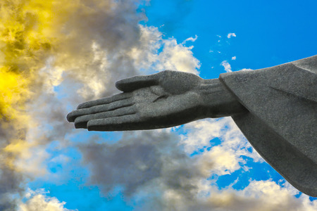 RIO DE JANEIRO - BRAZIL, JAN 30, 2015: hand of Christ the Redeemer statue, created by French sculptor Paul Landowski at top the Corcovado Mountain in Rio de Janeiro, Brazil.のeditorial素材