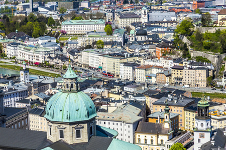 view to the old city of Salzburg from the castle Hohensalzburg hill, Austriaの写真素材