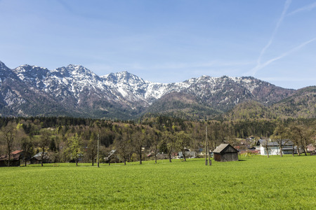 scenic rural landscape with mountains in Bad Goisern, Austriaの写真素材