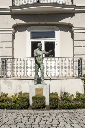 SALZBURG, AUSTRIA - APR 21, 2015: The memorial of the conductor Herbert von Karajan in Salzburg in Austria. Artist Anna Chromy created the statue in 2001.のeditorial素材