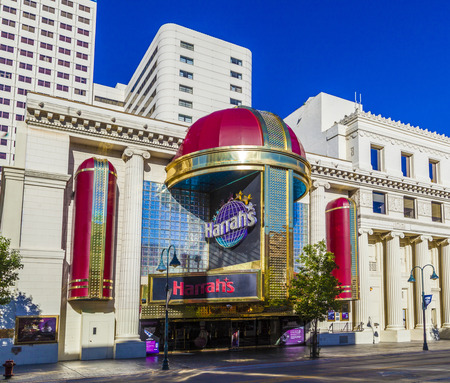 RENO, USA - JUNE 17, 2012: facade of Harrahs casino in Reno, USA. William F. Harrah opened his first bingo parlor in 1937 as the first casino in Reno.のeditorial素材