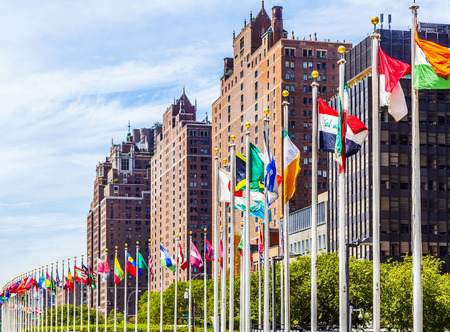 United Nations Headquarters with flags of the members of the UNの写真素材