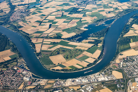 aerial of Gernsheim at River Rhine with Rhine valleyの写真素材