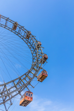 VIENNA, AUSTRIA - APR 25, 2015: A view of the Wiener Riesenrad in Prater from outside the park. The big wheel was constructed in 1897 by the English engineer  Walter Bassettのeditorial素材