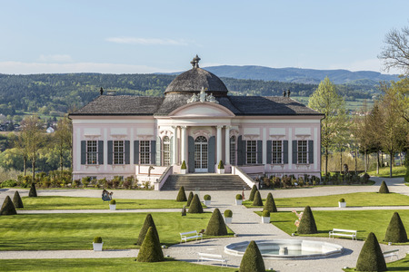MELK, AUSTRIA - APR 22, 2015: stifts park with garden pavillion at famous convent in Melk, Austria. The park with pavillion was built in 1747 by Franz Munggenast.のeditorial素材