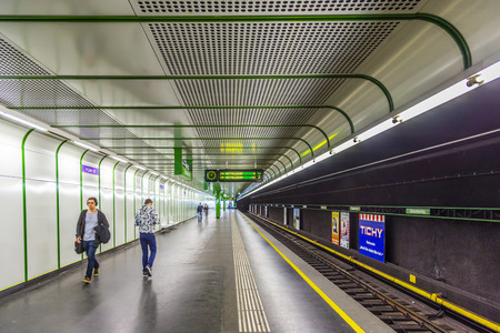 VIENNA, AUSTRIA - APR 25 2015: people at train Station Prater in Vienna, Austria. Vienna Praterstern is one of Viennas main railway stations, being used by 35,000 people daily.のeditorial素材