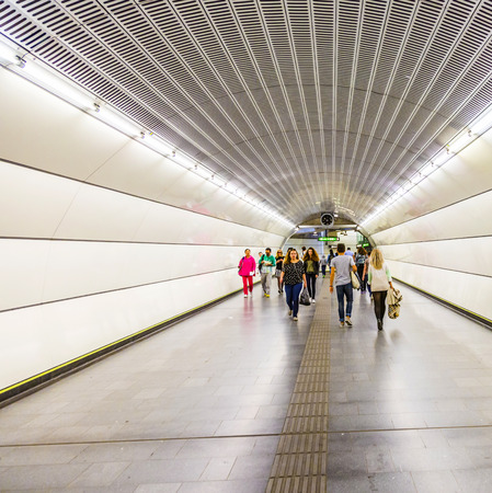 VIENNA, AUSTRIA - APR 25 2015: people at train Station Prater in Vienna, Austria. Vienna Praterstern is one of Viennas main railway stations, being used by 35,000 people daily.のeditorial素材