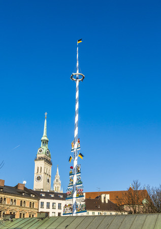 Munich, Germany, Bavarian Maypole on Viktualienmarkt, a famous marketのeditorial素材