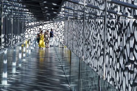 MARSEILLE, FRANCE - MAY 11, 2015 : people visit the modern building of Museum of European and Mediterranean Civilizations (MuCEM). It was was inaugurated on 2013 when the city was the European Capital of Cultureのeditorial素材