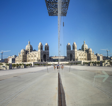 MARSEILLE, FRANCE - MAY 11, 2015 : modern building of Museum of European and Mediterranean Civilizations with reflection of cathedral. It was  inaugurated on 2013 when the city was the European Capital of Culture.のeditorial素材