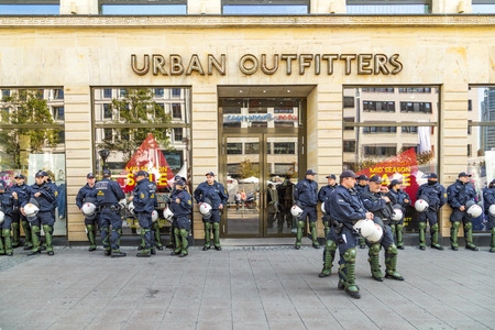 FRANKFURT, GERMANY - OCT 3, 2015: police on standby to assist at anniversary of German Unity in...