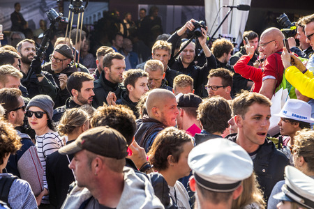 FRANKFURT, GERMANY - OCT 3, 2015: people demonstrate against the celebration of 25th day of German unity in Frankfurt, Germany.のeditorial素材