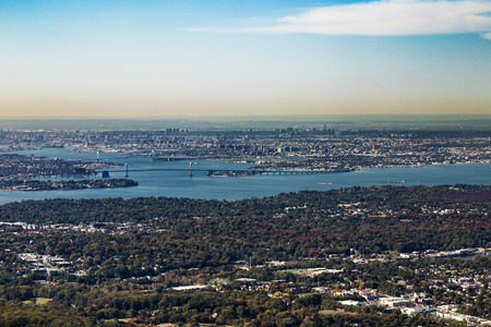 aerial of Queens with throgs net bridge and east river in New Yorkの写真素材