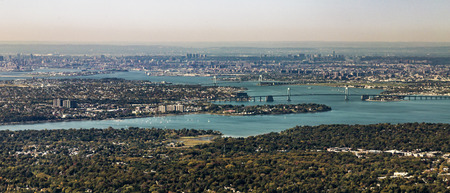 aerial of Queens with throgs net bridge and east river in New Yorkの写真素材