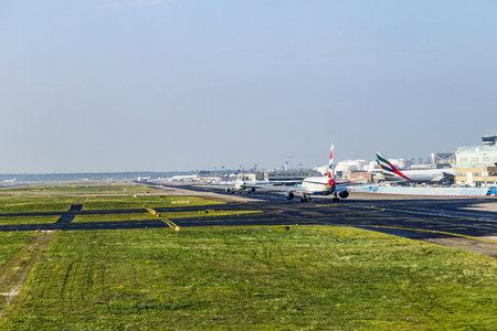 FRANKFURT, GERMANY - OCT 20, 2015: Aircraft standing near the terminal 1 at Frankfurt Main airport. it is a one of the busiest airport in Europe with 53 million passengers in 2010.のeditorial素材