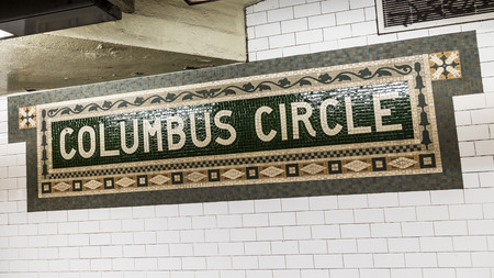 New York, USA - OCT 22, 2015: old vintage sign Columbus circle Subway Station in Manhattan. Intricate tiles with symbols  in terra cotta describe the place.のeditorial素材