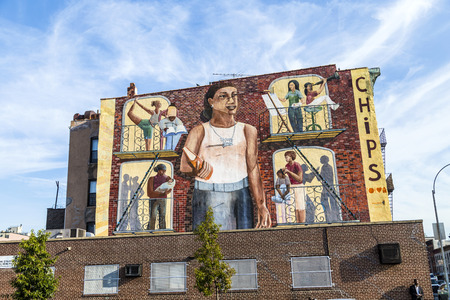 NEW YORK, USA - OCT 21 2015: colorful mural wall painting in New York. Especially in Brooklyn wall painting at the old not restored houses are usual. The murals often tell stories.のeditorial素材