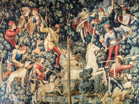 NEW YORK, USA - OCT 22, 2015: famous unicorn tapestries in the Cloisters museum in New York, USA....
