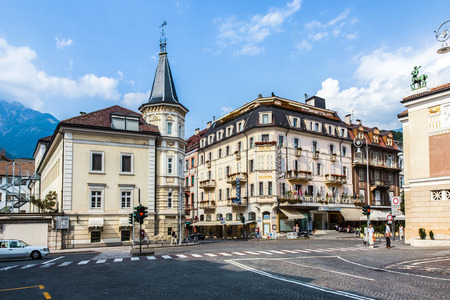 MERAQN, ITALY - AUG 1, 2009: fine street view of Meran in Italy. Meran is a famous SPA and tourist  town in the Alpes.のeditorial素材
