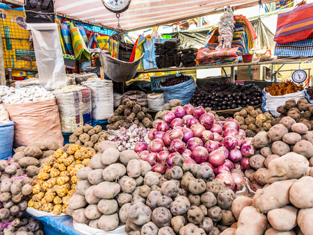 AREQUIPA, PERU - OCT 28, 2015: people sell goods at the central market in Arequipa, Peru. Central market Rio Seco is the biggest in Arequipa.のeditorial素材