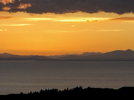 panoramic view over lake Titicaca from islas del solの写真素材