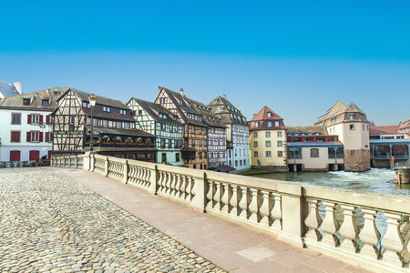 Strasbourg, bridge Ponts St. Martin with old half timbered housesのeditorial素材
