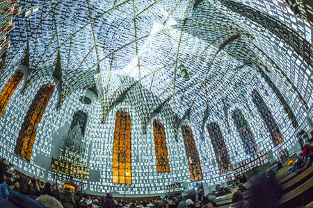 FRANKFURT, GERMANY - MAR 17, 2016: Illuminated Katharinen church at night during Luminale  in Frankfurt, Germany. The Light festival takes place in Frankfurt every 2 years and lasts one week.のeditorial素材