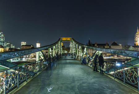 FRANKFURT, GERMANY - MAR 17, 2016: Illuminated buildings and skyline at night during Luminale  in Frankfurt, Germany. The Light festival takes place in Frankfurt every 2 years and lasts one week.のeditorial素材
