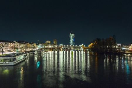 FRANKFURT, GERMANY - MAR 17, 2016: Illuminated buildings and skyline at night during Luminale  in Frankfurt, Germany. The Light festival takes place in Frankfurt every 2 years and lasts one week.のeditorial素材