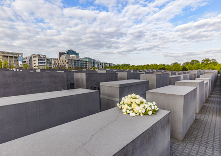 BERLIN, GERMANY - MAY 3, 2015: Holocaust Memorial on Berlin, varios gray cubes to remember murdered peopleのeditorial素材