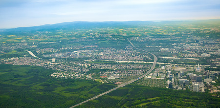 aerial of rural landscape with river near Bremenの写真素材