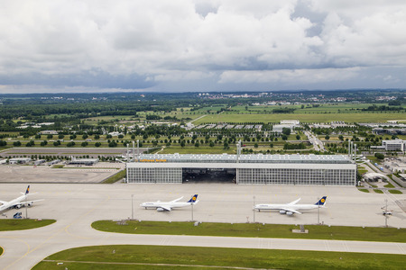 MUNICH, GERMANY - JUNE 6, 2016: Aerial view of Munich International Airport. Munich International Airport is one of the most largest airport in Germany.のeditorial素材