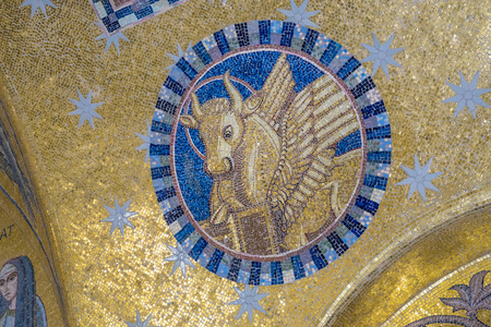 OTTROTT, FRANCE - JUNE 4, 2016: pegasus mosaic at Chapelles des Larmes at Mont Sainte Odile in France. The golden mosaic dating from the 12th century back to byzanthine times.のeditorial素材