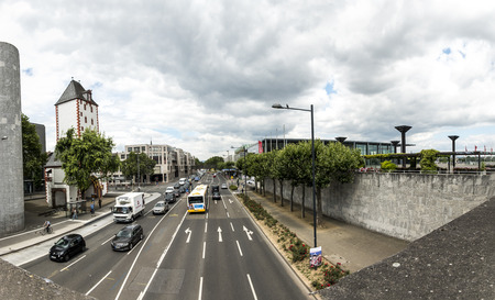MAINZ, GERMANY - JULY 15, 2016: view to freeway around Mainz with view to the Rheingold hallのeditorial素材