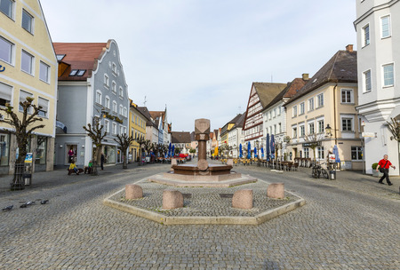 GUENSBURG, GERMANY - APR 29, 2015: people at the old market place in Guensburg, Germany with half timbered and old historic houses.のeditorial素材