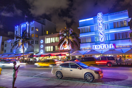 MIAMI BEACH, USA - AUG 2, 2010:  Night view at Ocean drive  in Miami Beach, Florida. Art Deco Night-Life in South Beach is one of the main tourist attractions in Miami.