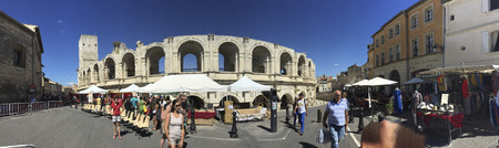ARLES, FRANCE - AUG 21, 2016: view to famous arena in Arles, France. The old arena still serves as stadium for bull fights.のeditorial素材