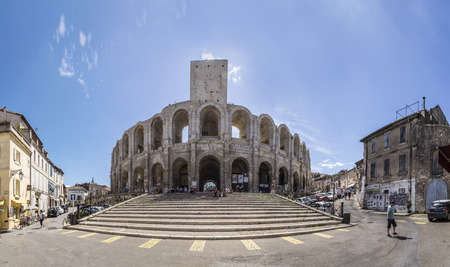 ARLES, FRANCE - AUG 21, 2016: view to famous arena in Arles, France. The old arena still serves as stadium for bull fights.のeditorial素材